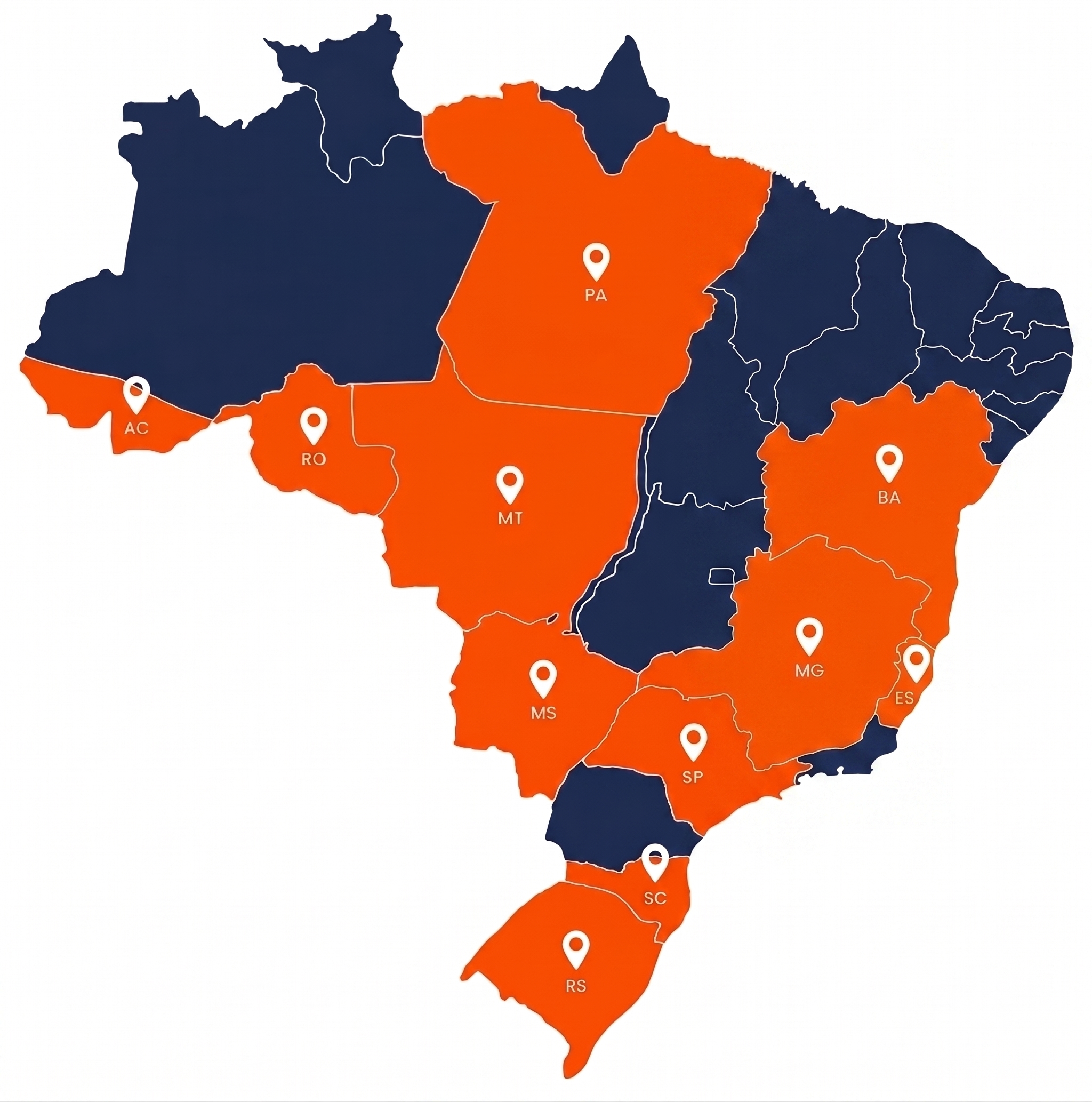 Mapa de atuação no Brasil - Estados destacados